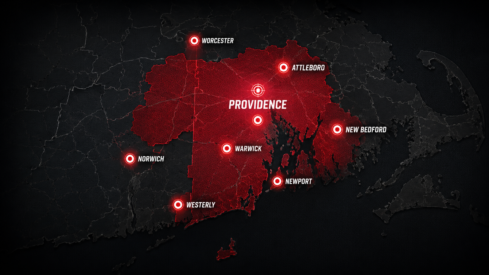 Service area map covering Rhode Island, eastern central Massachusetts, and eastern Connecticut